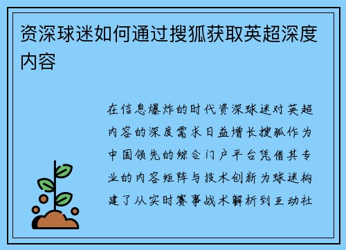 资深球迷如何通过搜狐获取英超深度内容