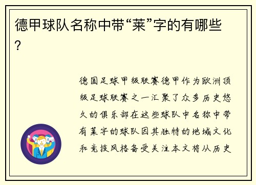 德甲球队名称中带“莱”字的有哪些？